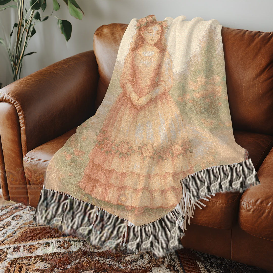 Dreaming Fairy Maiden – Fairycore Woven Blanket with Soft Pastel Floral Garden