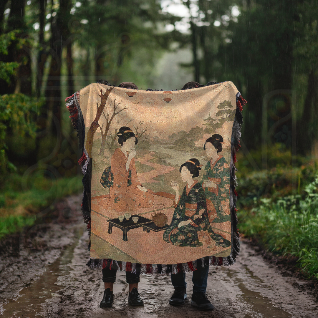Blossom Gathering – Woven Blanket with Spring Picnic and Kimono-Clad Figures