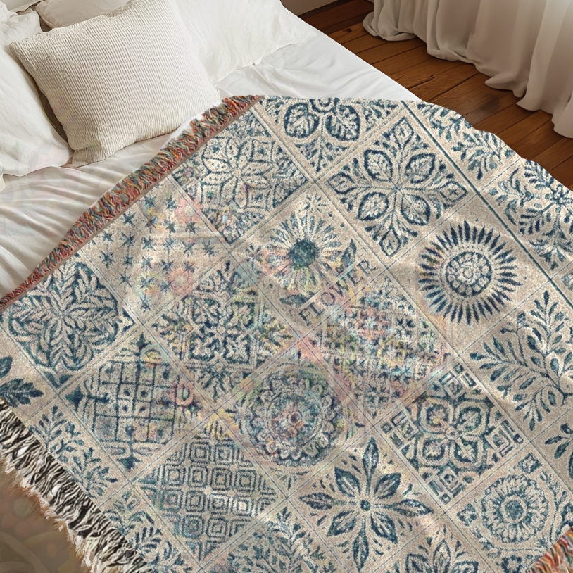 Heritage Tile Block Folk Art Woven Blanket – Classic Blue Tile Pattern Throw, Decorative Folk Art Home Accent