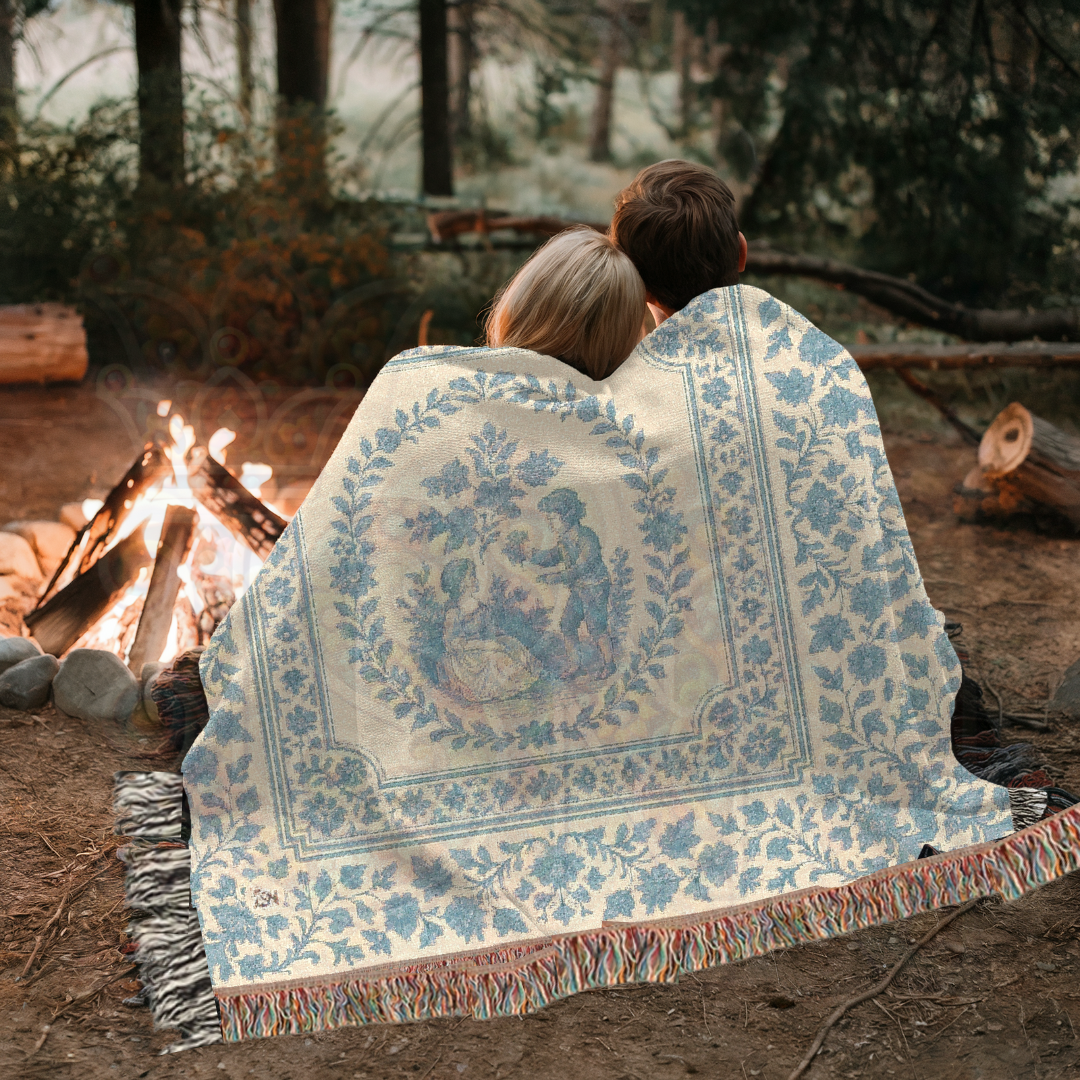 French Country Toile Woven Blanket – Blue & Cream Cotton Throw for Bed, Sofa or Wall Art – Romantic Tapestry Blanket Décor