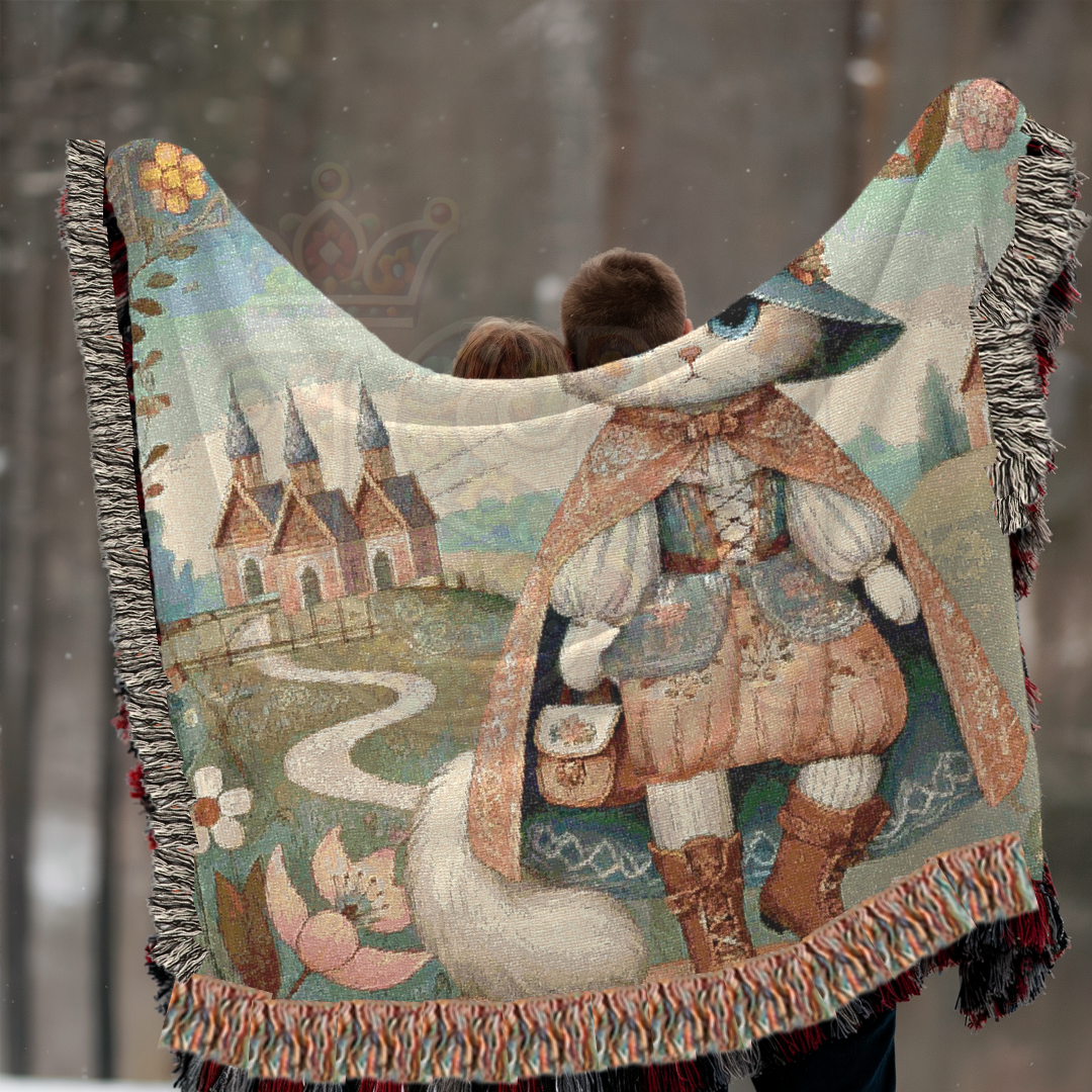 Whimsical Puss in Boots Cat Blanket – Fairytale-Inspired Tapestry Throw, Cottagecore Home Decor, Storybook Cozy Gift for Cat Lovers