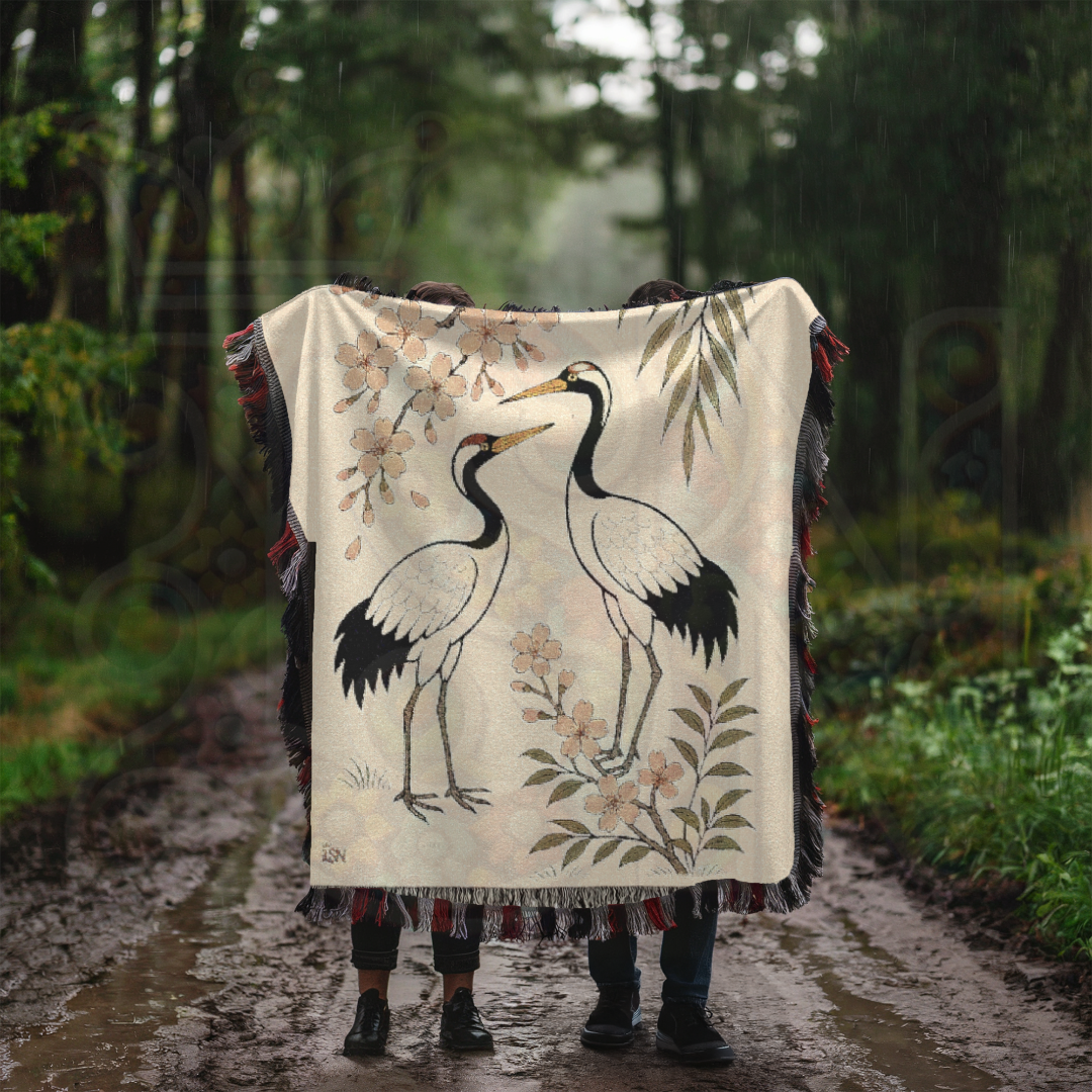 Dance of the Cranes – Woven Blanket with Folk Cranes and Cherry Blossoms