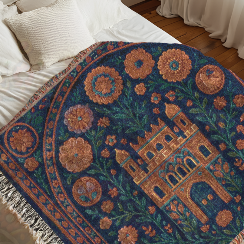 Enchanted Castle Garden Mystical Fortress Folk Art Woven Blanket – Magical Home Decor Throw, Fairy Tale Gift