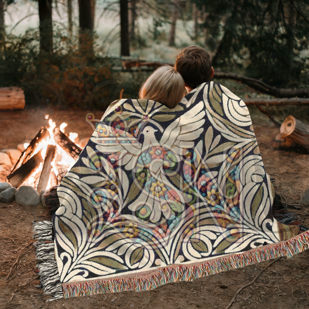 Graceful Flight Folk Art Dove Woven Blanket – Majestic Peace Symbol Throw with Ornate Nature Design