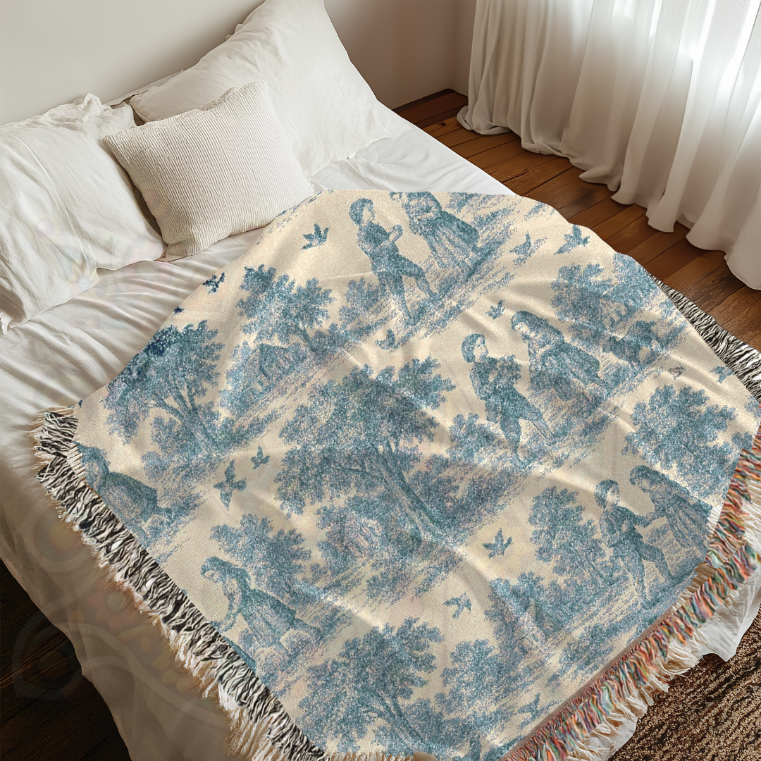 French Toile Woven Blanket – Blue & Cream Pastoral Scene Throw or Tapestry with Repeating Vintage Vignettes – 100% Cotton Cozy Decor