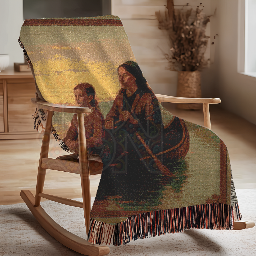 The Journey Home – Frontier Canoe Woven Blanket, Folk Art Throw Featuring Mother, Daughter & Cat at Sunset