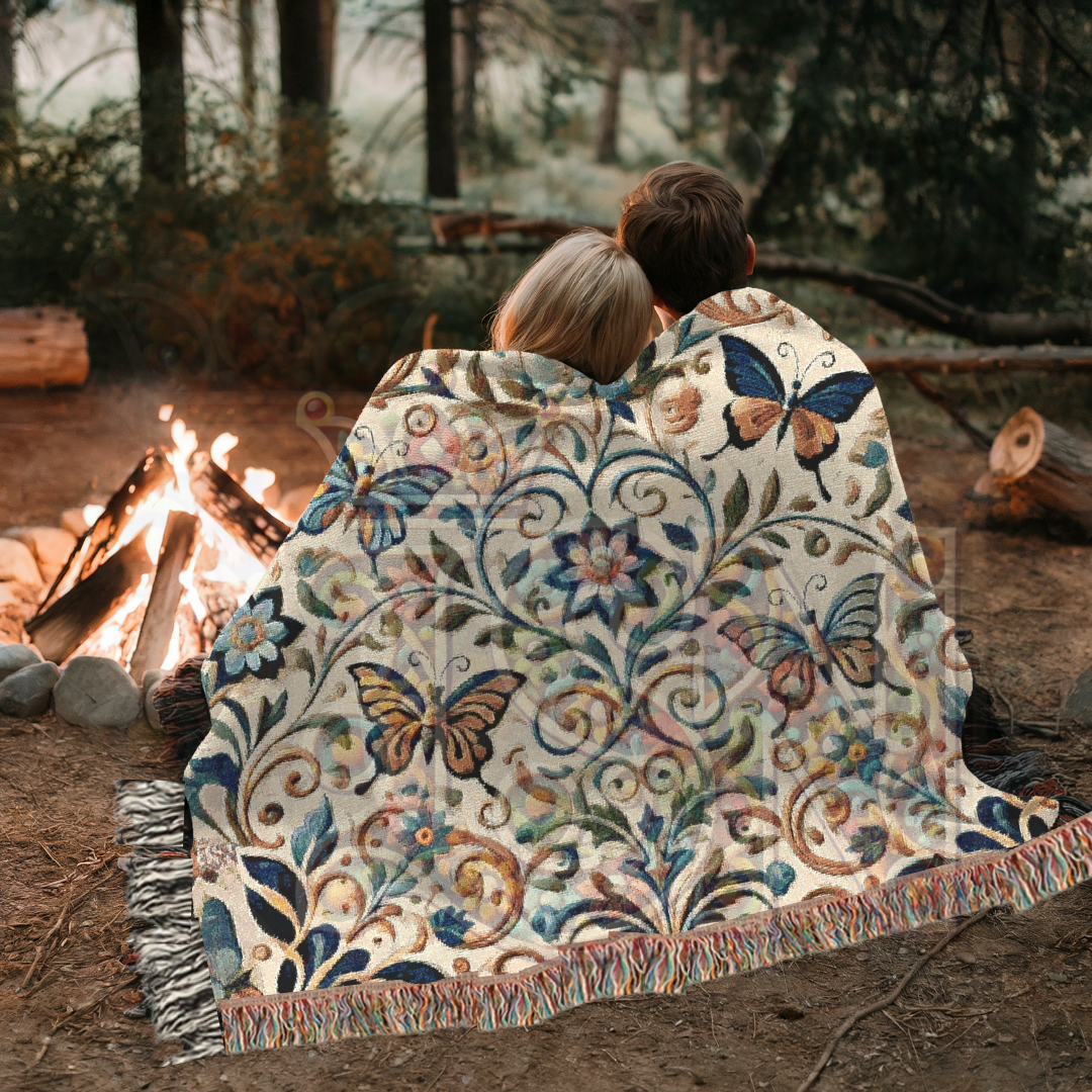 Garden Whispers Blue Butterfly Folk Art Woven Blanket – Serene Nature-Inspired Throw with Elegant Butterflies & Floral Motifs