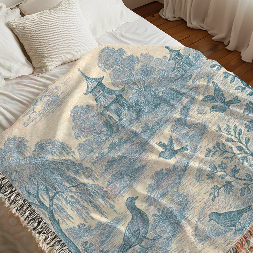 Pagoda Path Garden Woven Blanket – Blue Toile Tapestry Throw with Birds & Willow Trees – 100% Cotton Tranquil Landscape Wall Art