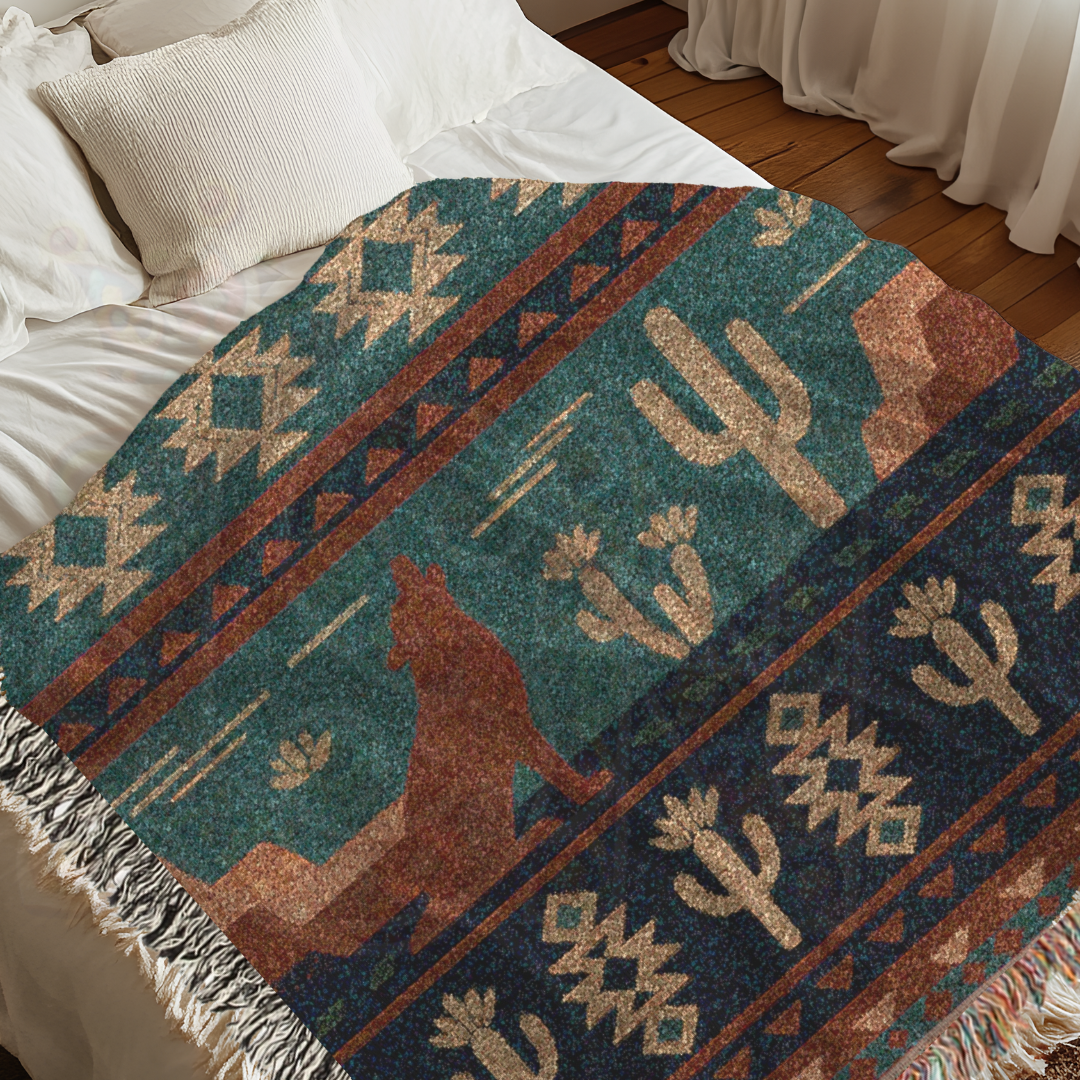 Desert Song – Southwestern Coyote & Cactus Woven Blanket with Folk Pattern