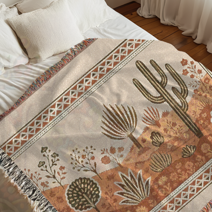 Desert Blooms Southwest Desert Flora Folk Art Woven Blanket – Nature-Inspired Cozy Throw, Southwestern Home Decor Gift