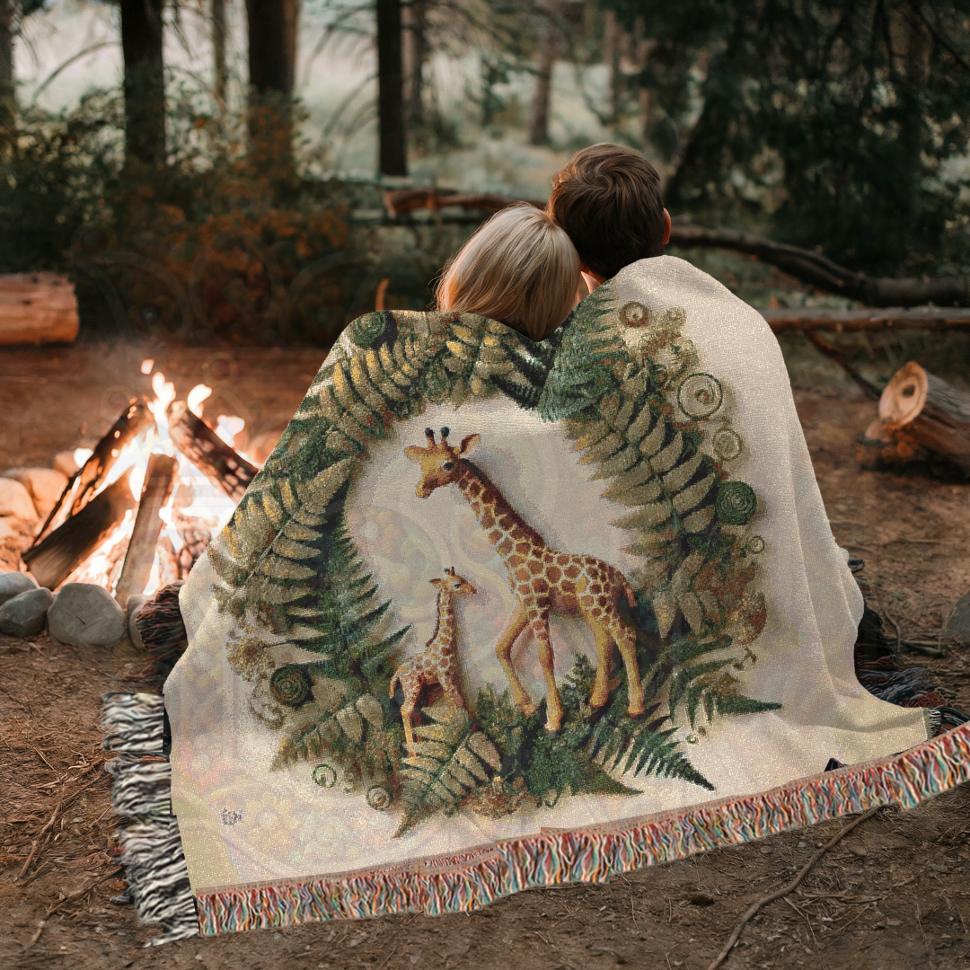 Safari Woven Blanket – Giraffe & Fern Tapestry – Botanical Jungle Throw – African Wildlife Nature Decor – Cozy Boho Safari Home Accent