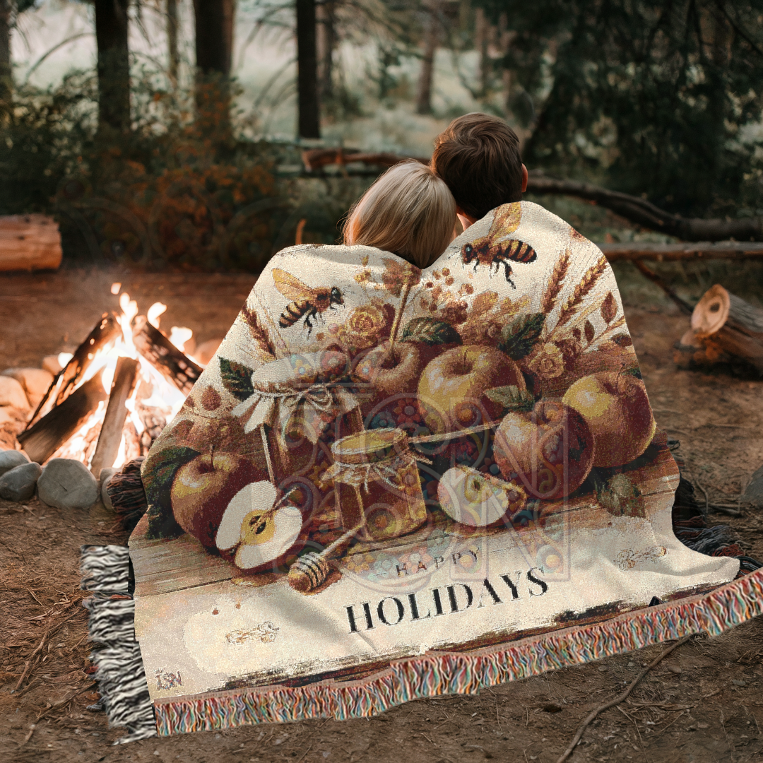 Happy Holidays Apples & Honey Folk Art Woven Blanket – Festive Seasonal Throw