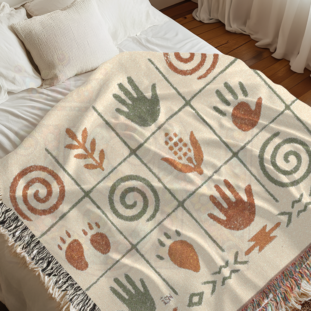 Ancient Echoes – Woven Blanket with Southwest-Inspired Hand, Spiral & Nature Symbols