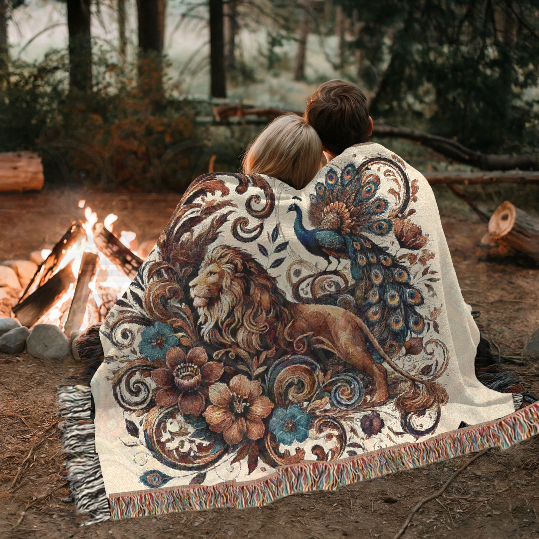 Regal Companions – Woven Blanket with Baroque Lion, Peacock & Floral Scrolls