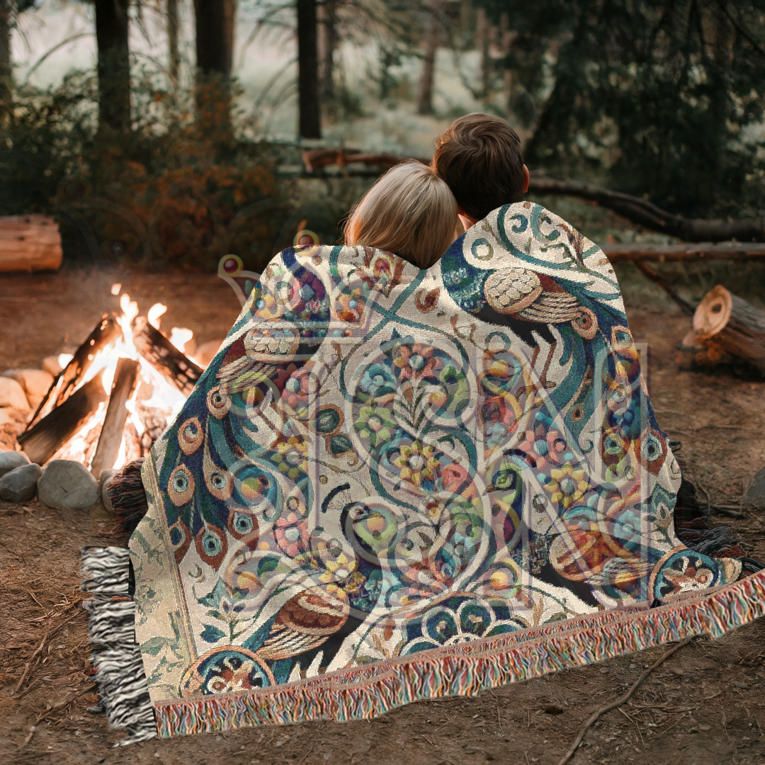Elegant Peacock Pair Folk Art Woven Blanket – Timeless Beauty & Grace Throw
