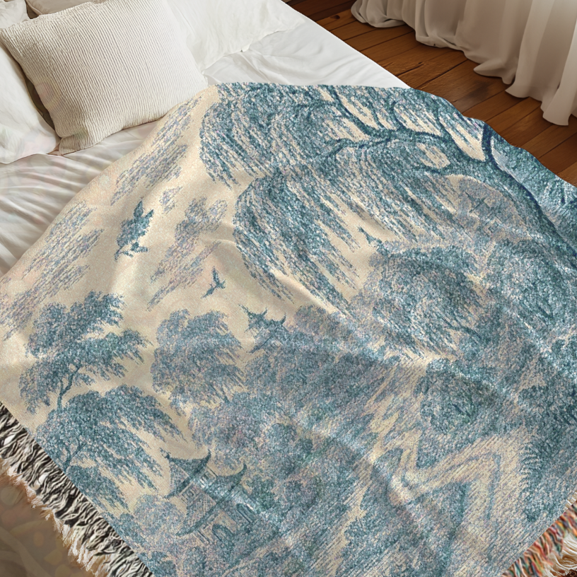 Pagoda Garden Woven Blanket – Blue Willow Landscape Tapestry Throw with Trees, Birds & Stream – 100% Cotton Calm & Serene Decor