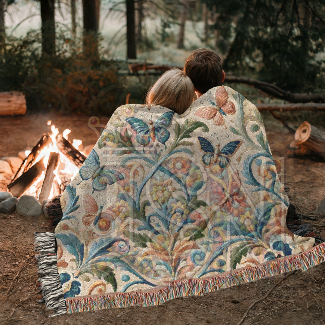 Fluttering Grace Pink & Blue Butterfly Folk Art Woven Blanket – Elegant Nature-Inspired Throw with Delicate Butterfly Motifs