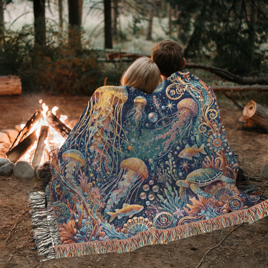 Jellyfish Dreamscape Mystical Ocean Life Woven Blanket – Serene Coastal Decor, Marine Gift for Nature Enthusiasts