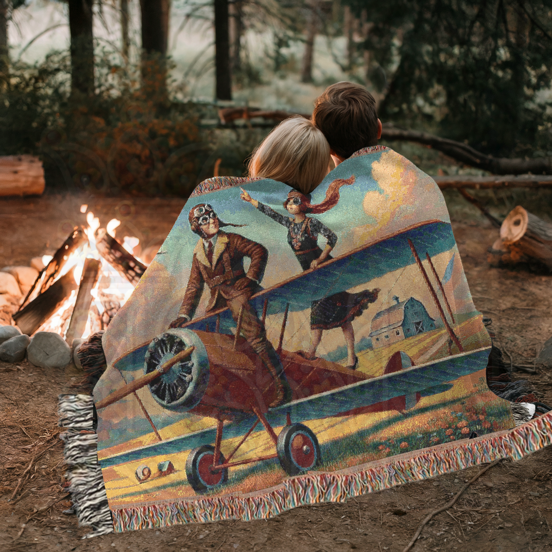Vintage Aviation Woven Blanket - 100% Cotton Barnstormer Tapestry - Pilot Adventure Throw - Retro Flight Home Decor & Gift