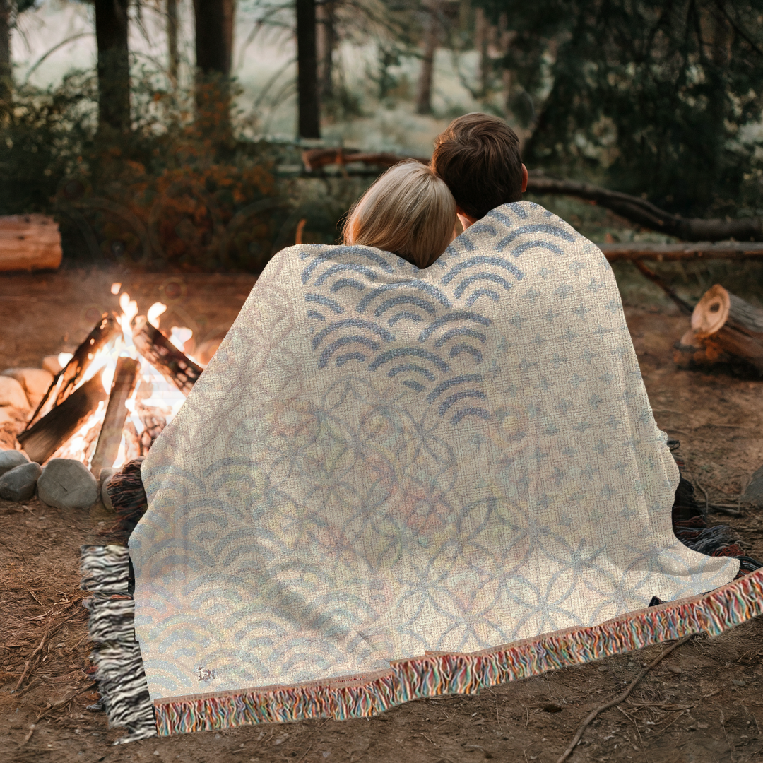 Heritage Tile Block Folk Art Woven Blanket Inspired by Japanese Motifs – Classic Blue Tile Pattern Throw, Decorative Folk Art Home Accent
