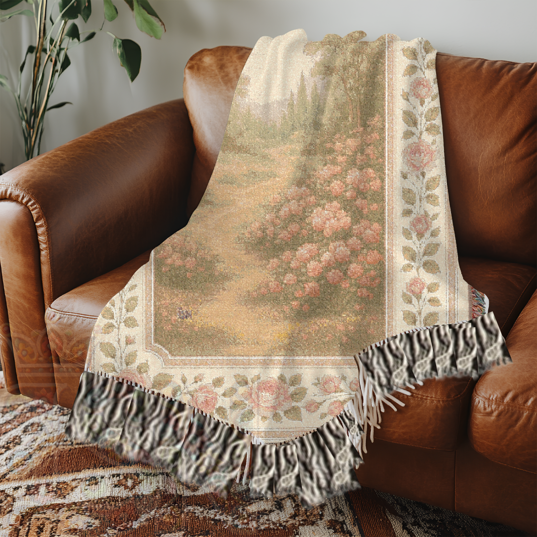 Whispering Rose Path – Fairycore Woven Blanket with Garden Path and Blooming Roses