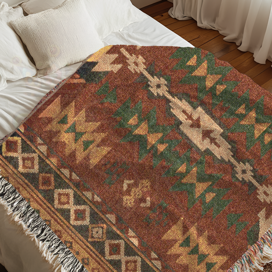 Southwestern Tribal Pattern Woven Blanket – Bold Geometric Folk Art Throw, Earthy Warmth for Home Decor