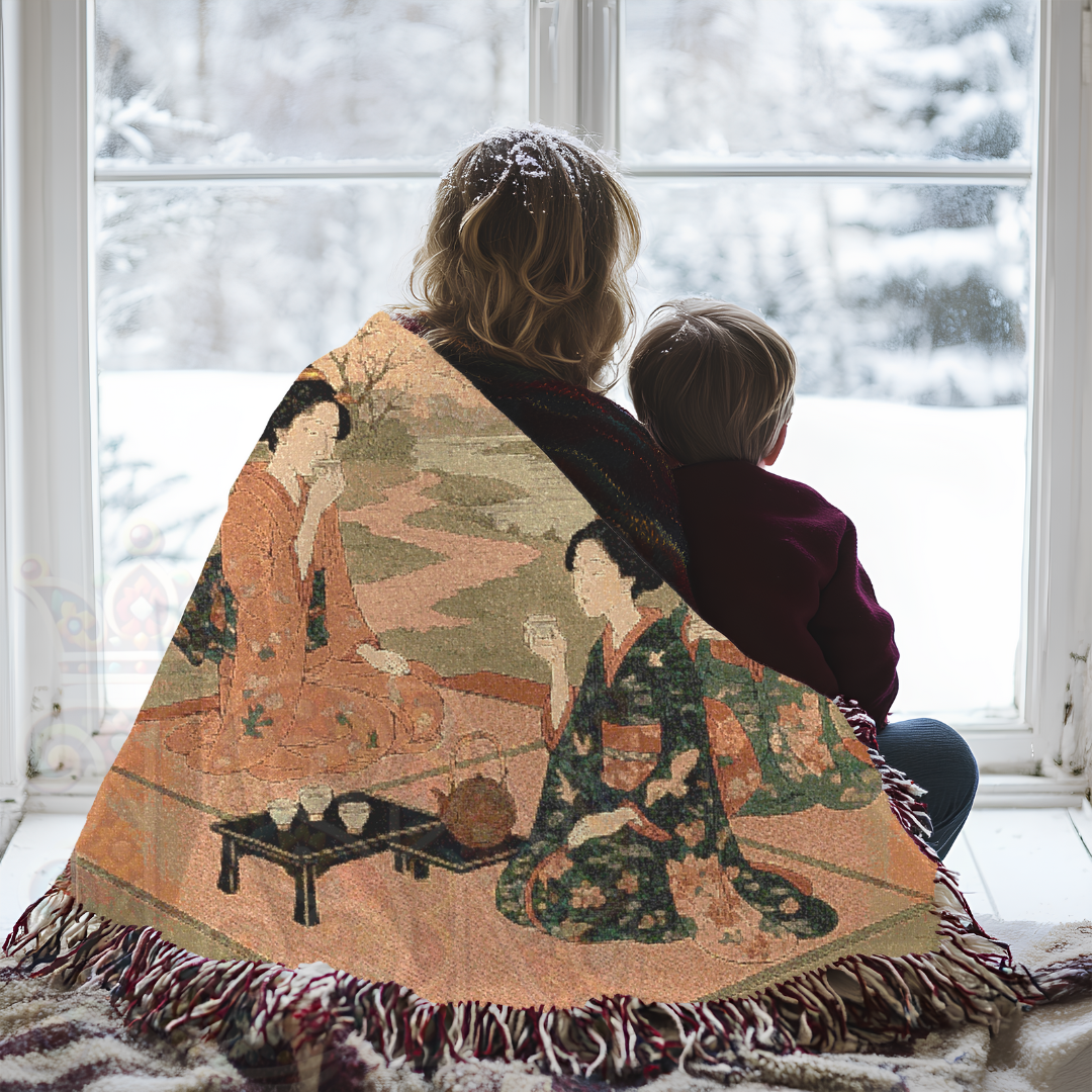 Blossom Gathering – Woven Blanket with Spring Picnic and Kimono-Clad Figures