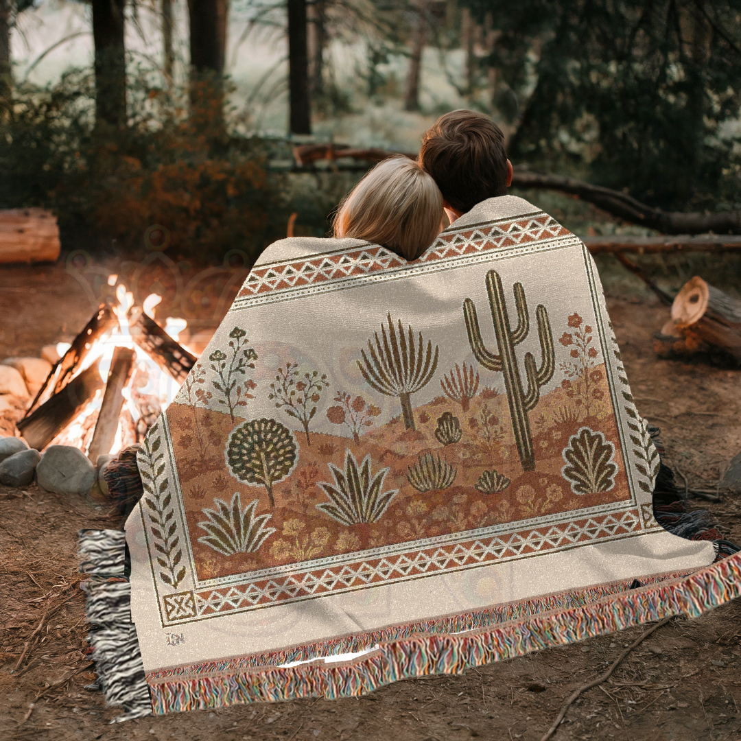Desert Blooms Southwest Desert Flora Folk Art Woven Blanket – Nature-Inspired Cozy Throw, Southwestern Home Decor Gift