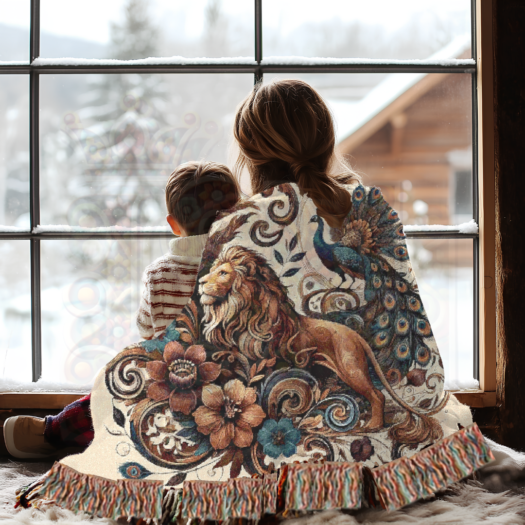 Regal Companions – Woven Blanket with Baroque Lion, Peacock & Floral Scrolls