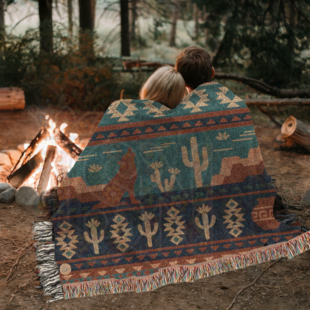Desert Song – Southwestern Coyote & Cactus Woven Blanket with Folk Pattern