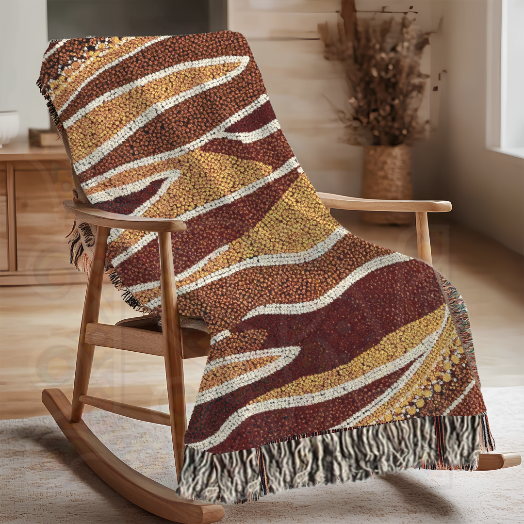 Australian Art-Inspired Woven Blanket – Earthy Tribal Tapestry with Nature Motifs