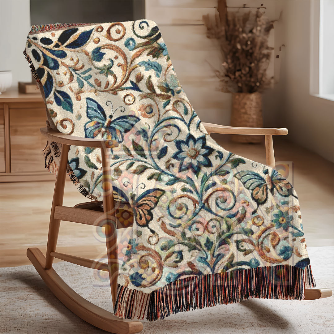 Garden Whispers Blue Butterfly Folk Art Woven Blanket – Serene Nature-Inspired Throw with Elegant Butterflies & Floral Motifs