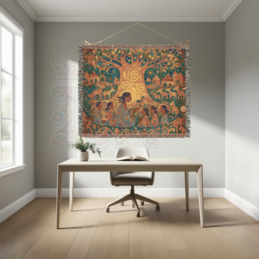 The Tree That Taught the Village – African Folk Art Woven Blanket, Story Throw, Cultural Gift, Nature-Inspired Textile for Home Decor & Learning Spaces