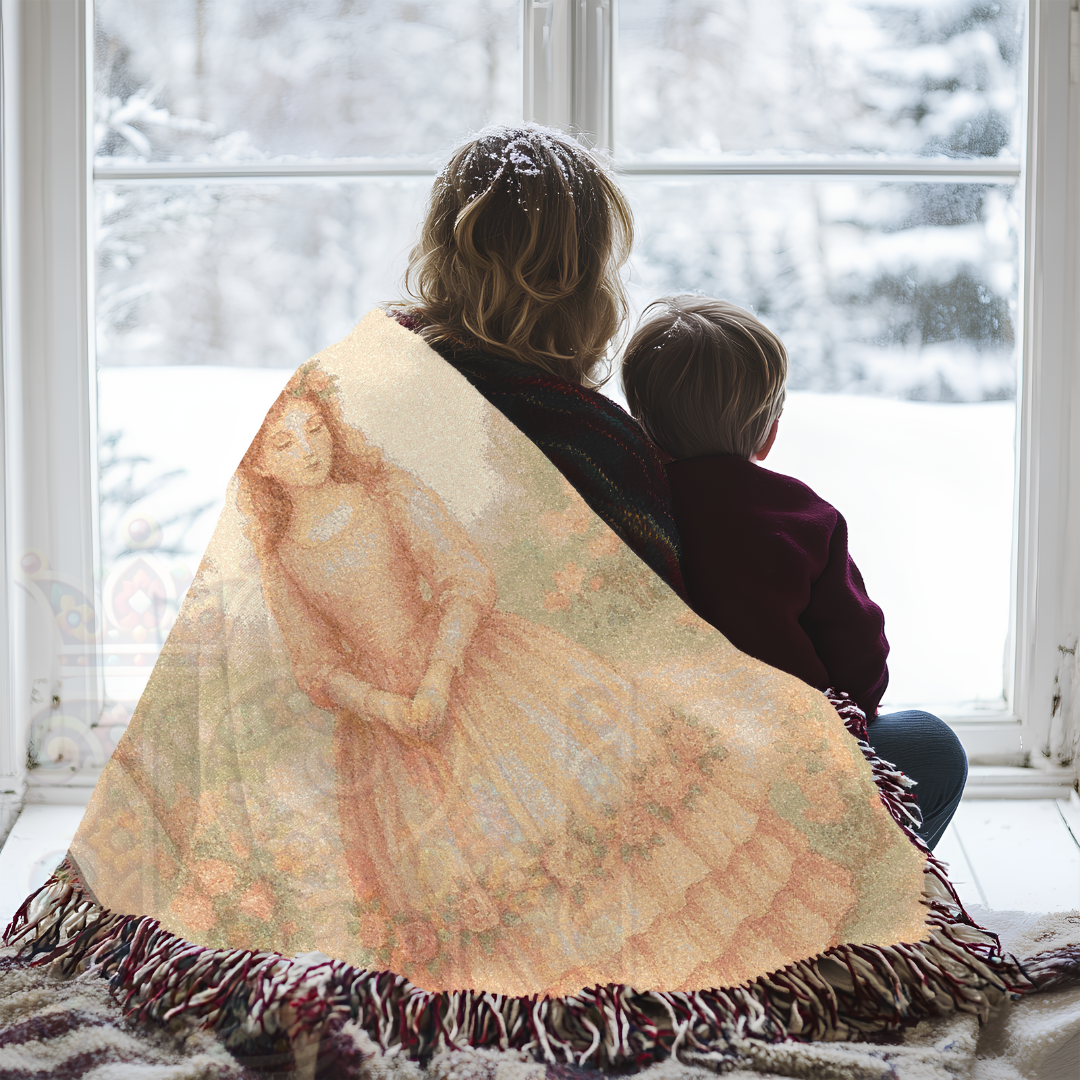 Dreaming Fairy Maiden – Fairycore Woven Blanket with Soft Pastel Floral Garden