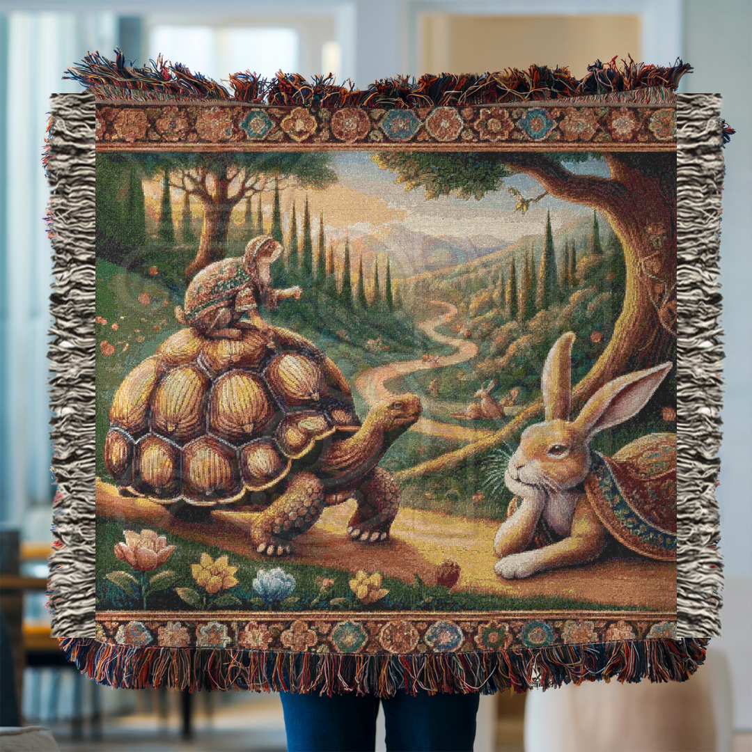 Tortoise and Hare Woven Blanket - 100% Cotton Fable Throw - Aesop’s Storybook Tapestry - Woodland Nursery Decor - Whimsical Folk Art