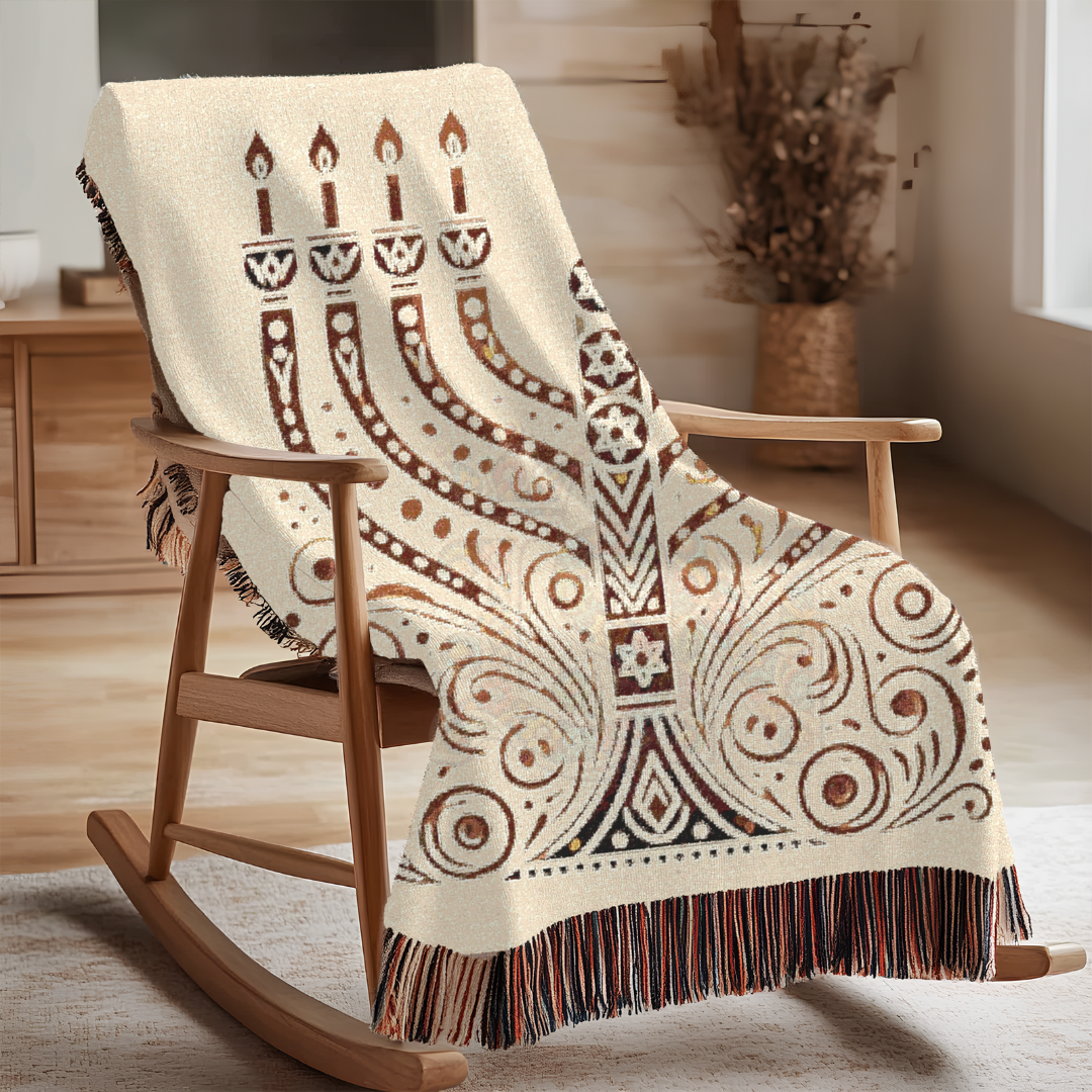 Radiant Menorah Folk Art Woven Blanket – Hanukkah Symbol of Light & Tradition Throw