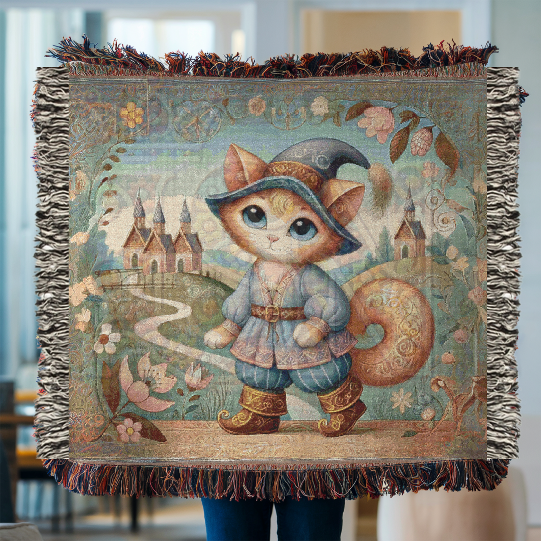 Whimsical Cat Woven Blanket – Fairytale Male Feline in Medieval Village | Cozy Storybook Tapestry Throw for Cottagecore & Boho Home Decor