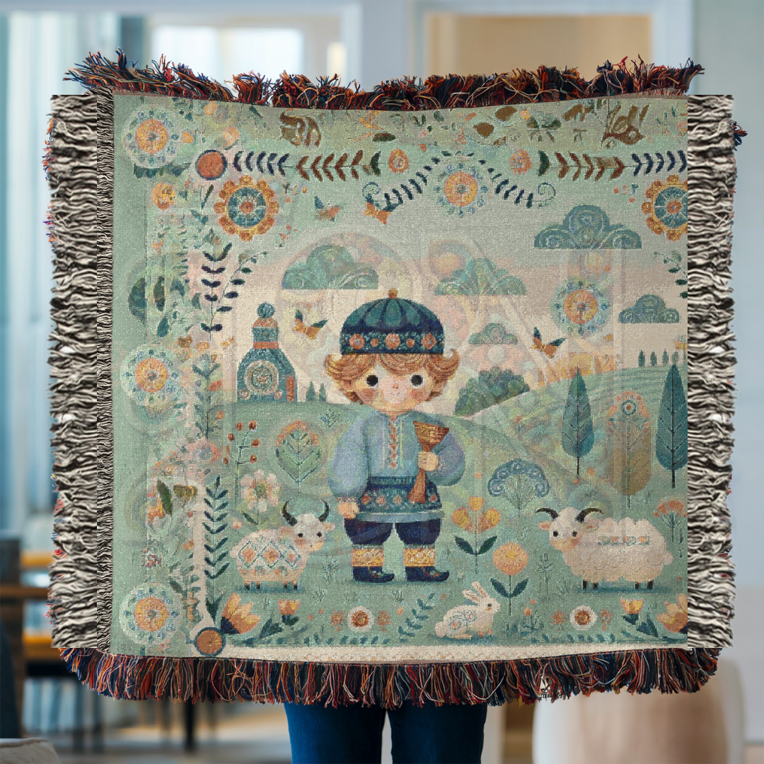 Little Boy Blue Folk Art Shepherd Woven Blanket – 100% Cotton Tapestry Throw – Cottagecore Boy with Sheep & Village Scene, Cozy Farmhouse Decor