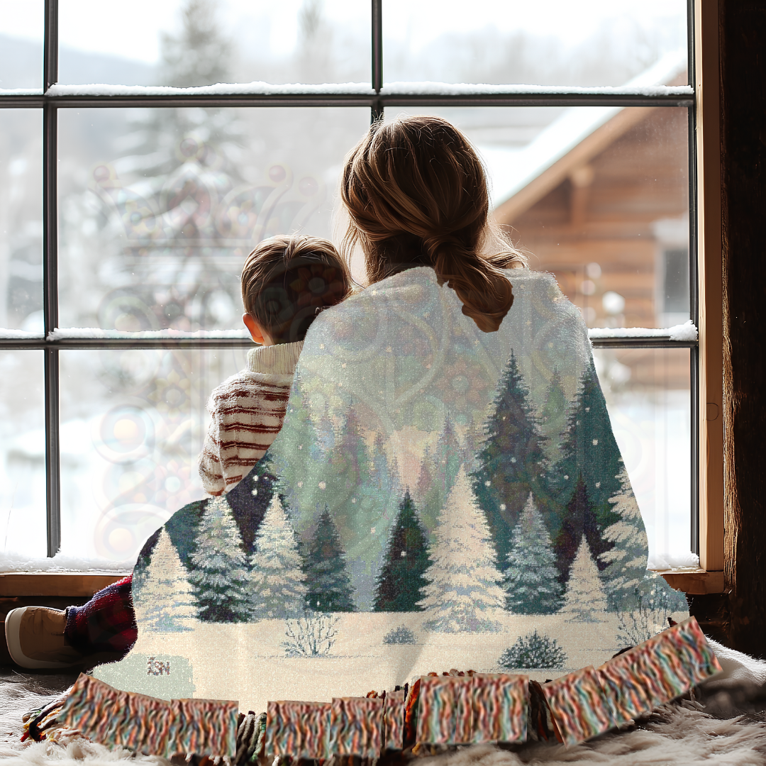 Snowy Forest Winter Woven Blanket – Cozy Snow-Covered Pines Tapestry Throw, Serene Nordic Winter Landscape for Home Decor