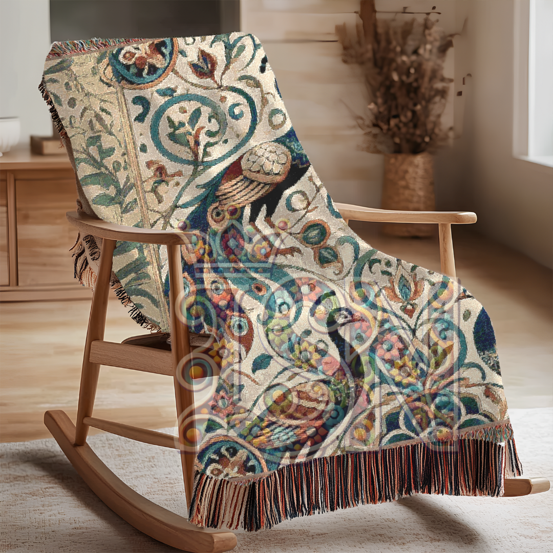 Elegant Peacock Pair Folk Art Woven Blanket – Timeless Beauty & Grace Throw