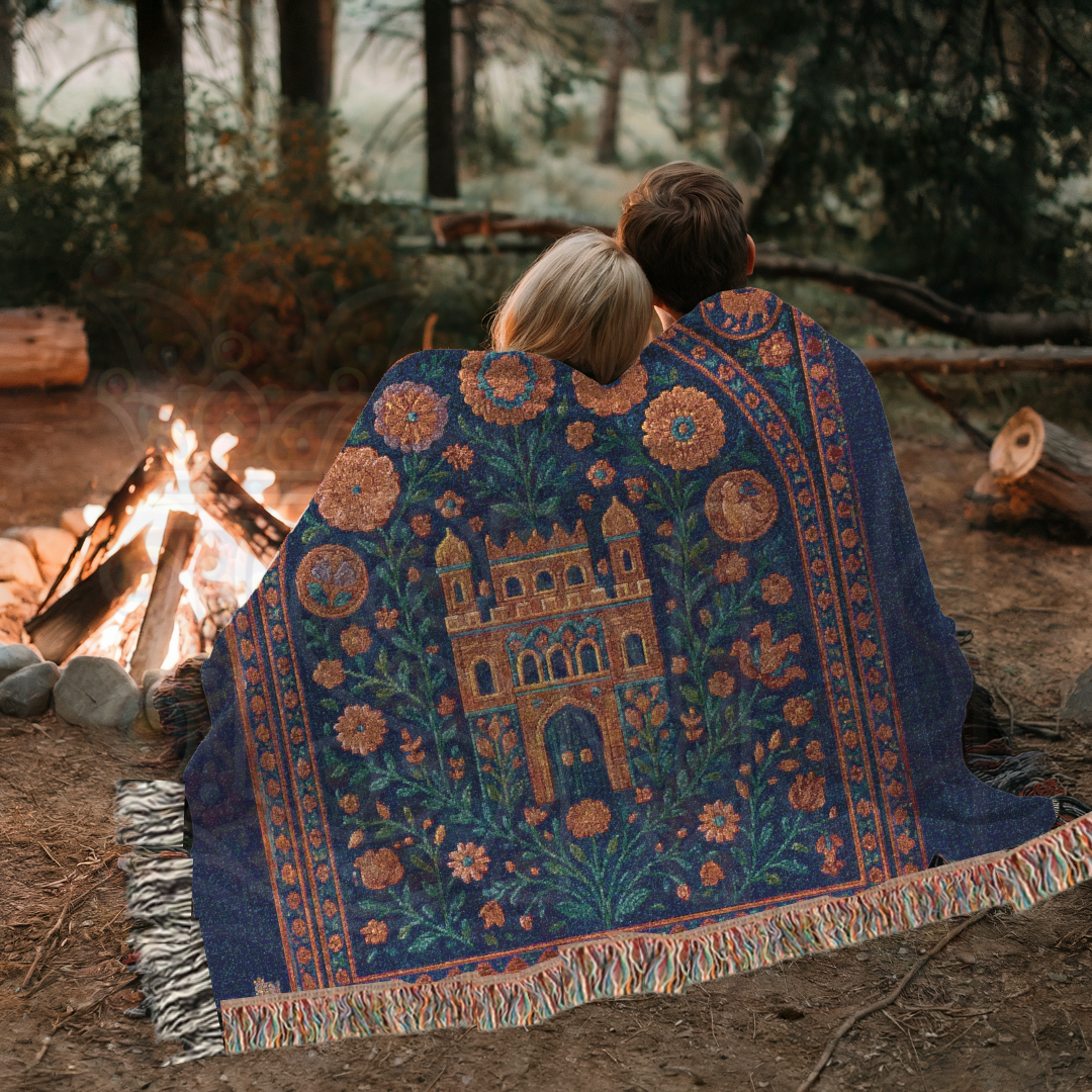 Enchanted Castle Garden Mystical Fortress Folk Art Woven Blanket – Magical Home Decor Throw, Fairy Tale Gift