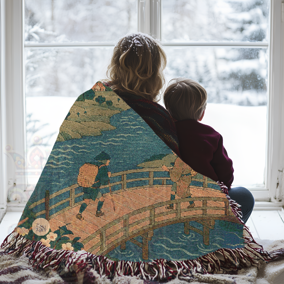 Bridge to the Mountain – Japanese Ukiyo-e Style Woven Blanket with River and Travelers