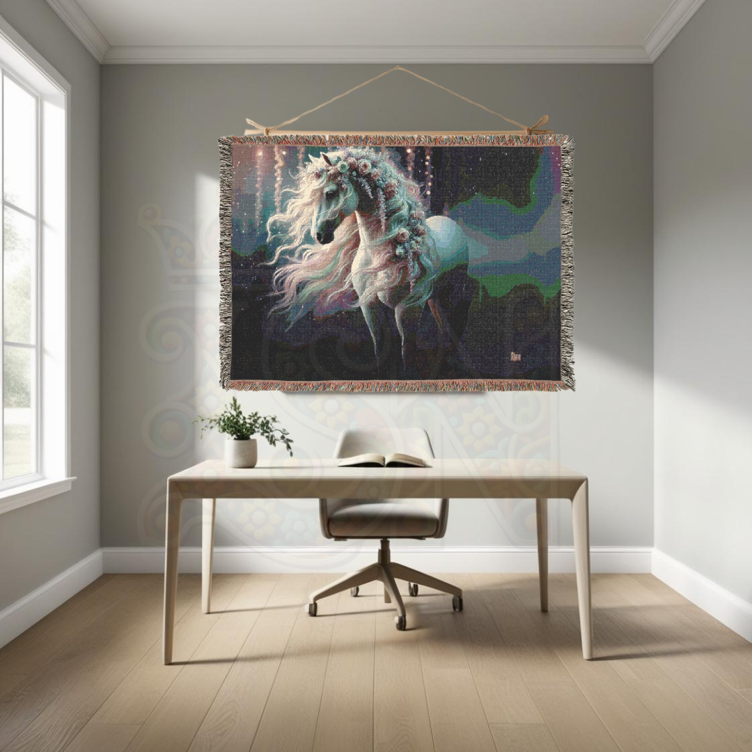 Magical Horse Woven Blanket – Fantasy Tapestry Throw – Mystical Horse with Floral Mane – Fairy Tale-Inspired Decor – Cozy Cottagecore & Gothic Aesthetic