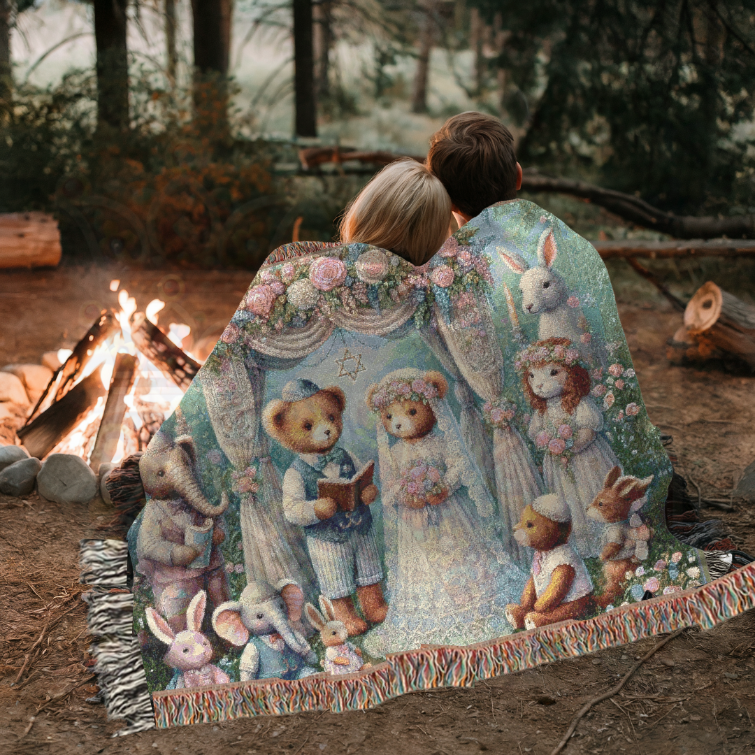 Wedding Woven Blanket – Judaica Gift, Chuppah Scene Throw, Jewish Home Decor, Wedding Keepsake