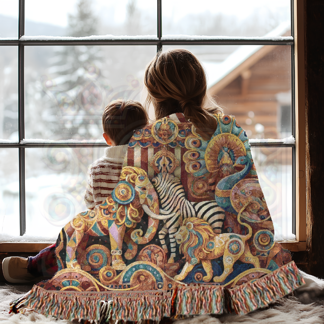 Vintage Circus Woven Blanket – Carnival-Inspired Throw, Boho Animal Tapestry, Ornate Elephant & Peacock Blanket, Whimsical Fairground Decor
