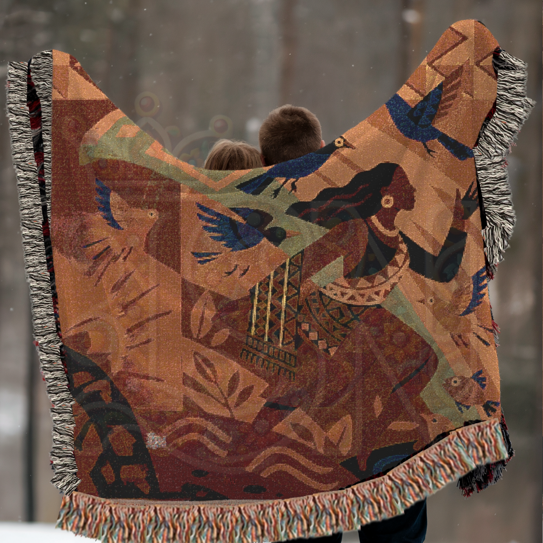 She Rose with the Birds – African Folk Art Woven Blanket, Symbolic Story Throw, Freedom-Inspired Tapestry, Gift for Women, Bold Home Decor