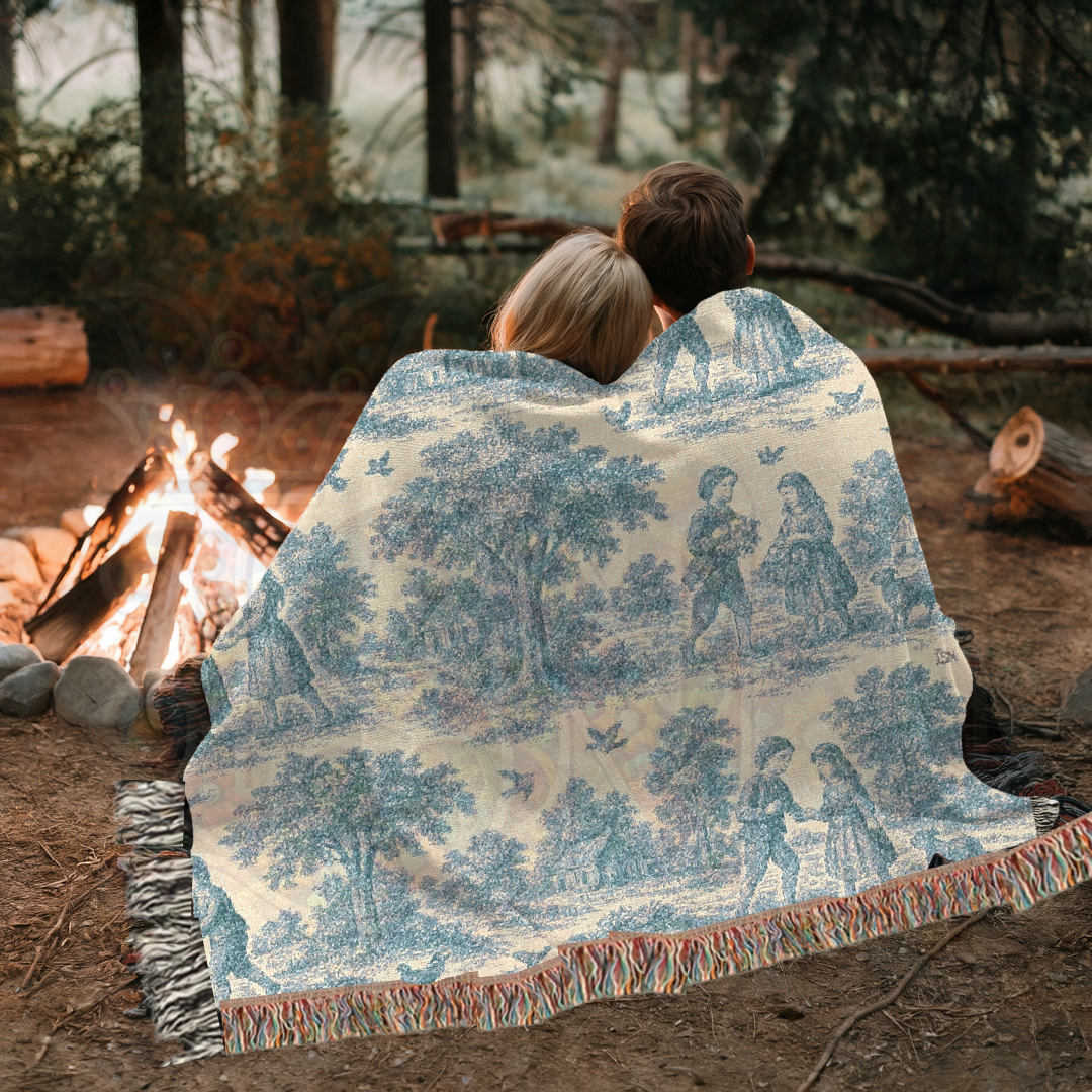 French Toile Woven Blanket – Blue & Cream Pastoral Scene Throw or Tapestry with Repeating Vintage Vignettes – 100% Cotton Cozy Decor
