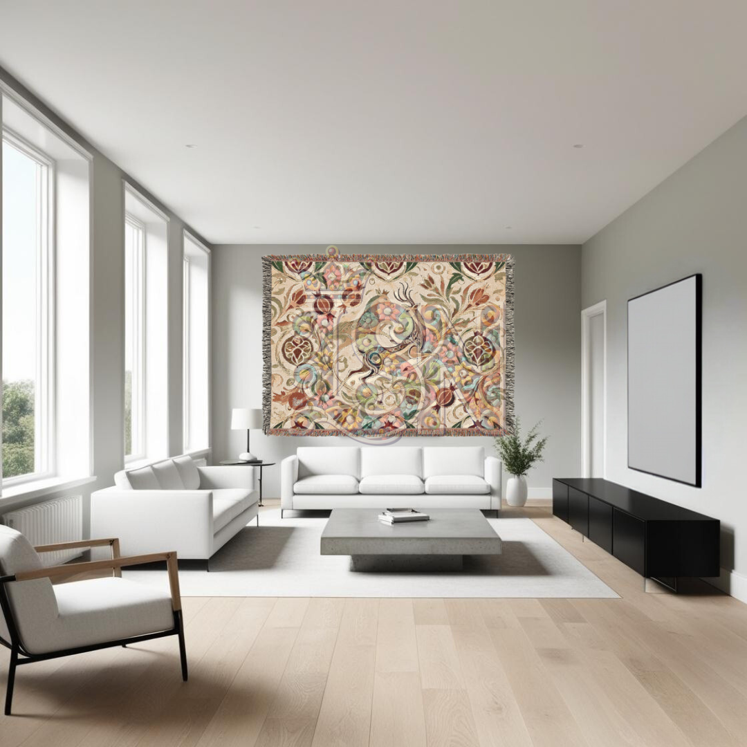 Regal Dance Crowned Stags & Pomegranates Woven Blanket – Noble Nature-Inspired Throw, Elegant Gift for Art Lovers
