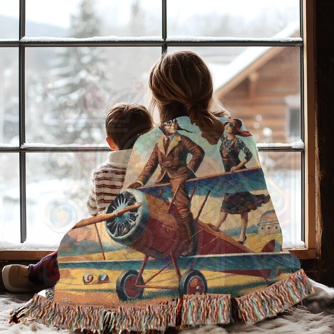 Vintage Aviation Woven Blanket - 100% Cotton Barnstormer Tapestry - Pilot Adventure Throw - Retro Flight Home Decor & Gift
