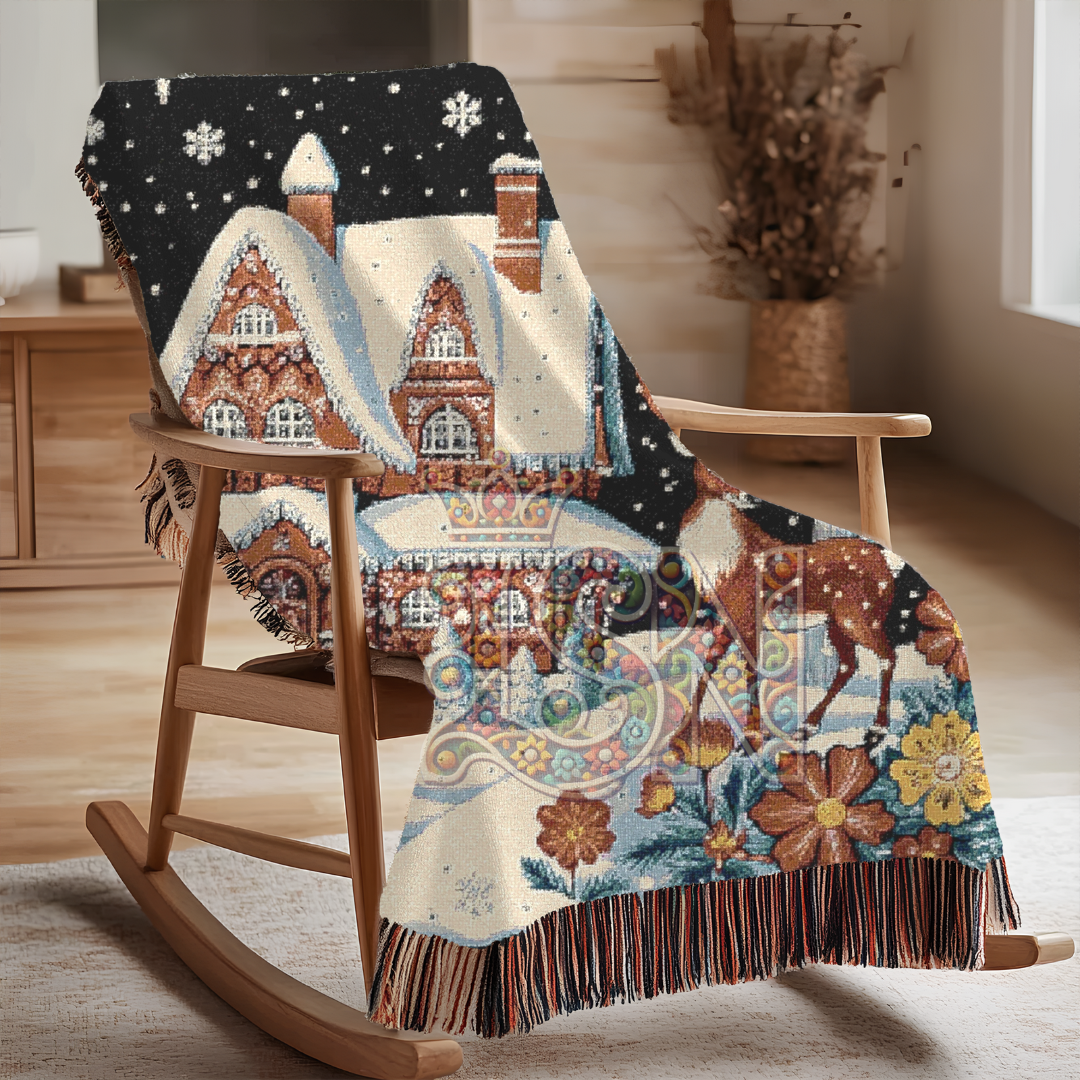 Enchanted Winter Cottage Whimsical Folk Art Snow Scene Woven Blanket – Cozy 100% Cotton Throw